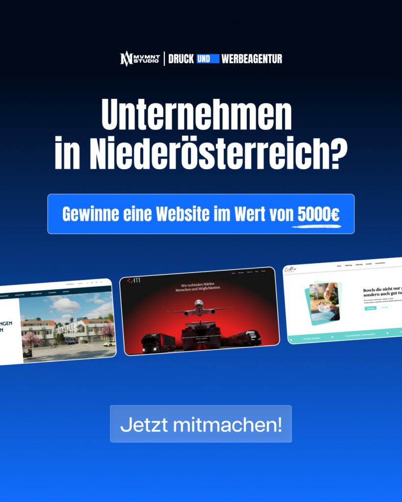 Banner ad asking 'Unternehmen in Niederösterreich?' with a blue prize button and three example websites; 'Jetzt mitmachen!' CTA nearby.