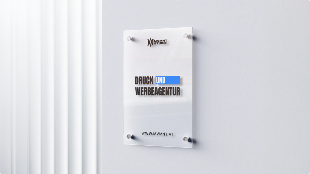 Wall-mounted poster advertising a print and advertising agency with the text 'Druck und Werbeagentur' and a blue 'UND' highlight.