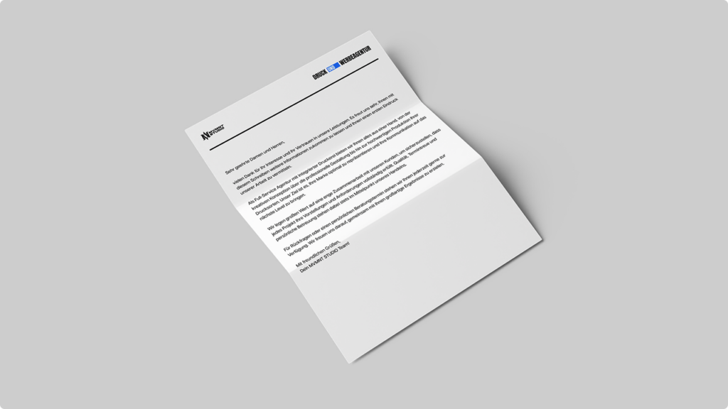 Angled white business letter with a logo in the top left and German text, placed on a neutral gray background.