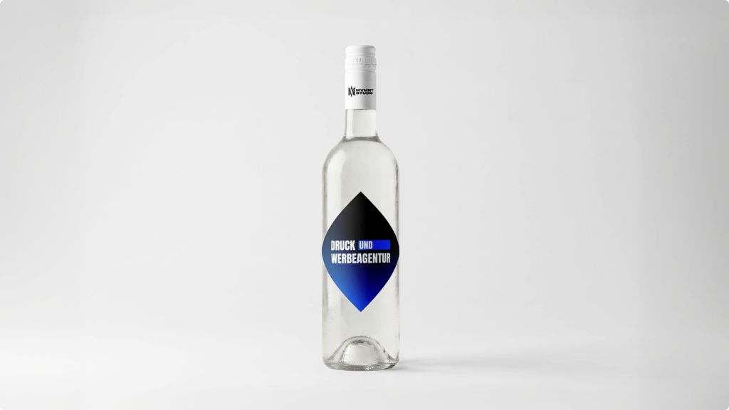 Clear glass bottle with a white cap and a blue-black teardrop label reading 'DRUCK UND WERBEAGENTUR'.