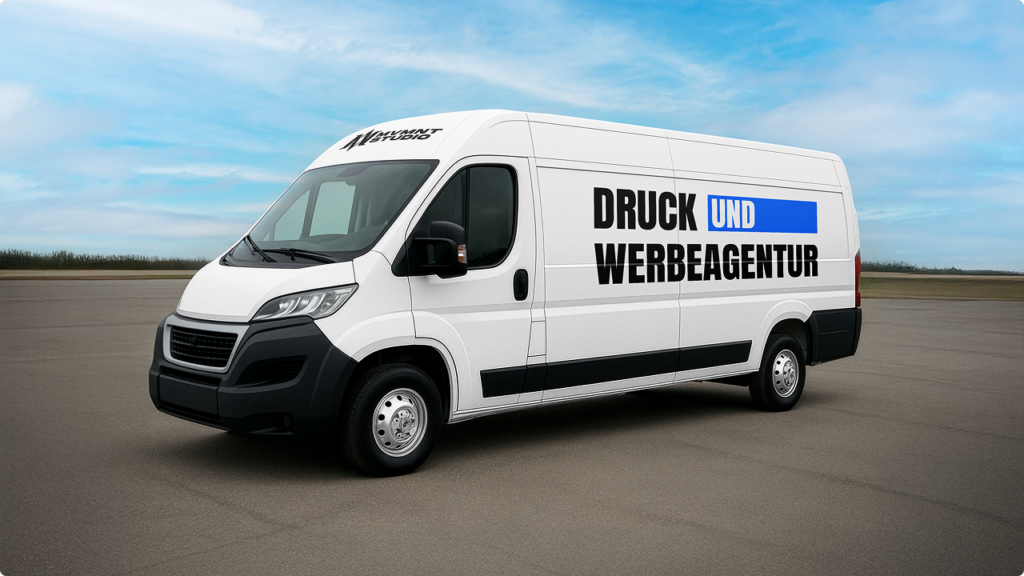 White delivery van with bold black text 'DRUCK UND WERBEAGENTUR' on the side, parked on a runway under a blue sky.