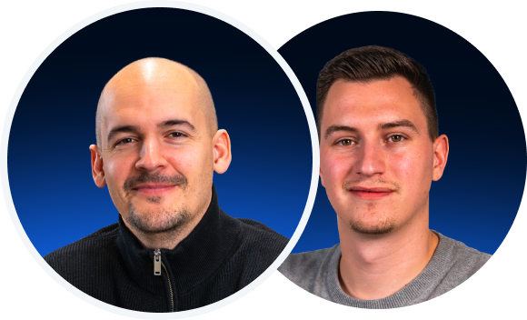 Two men in circular frames on a blue gradient background; left: bald with a goatee, wearing a black zip jumper; right: short dark hair, gray shirt.
