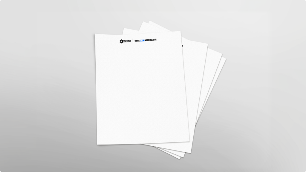 Pile of blank white sheets with subtle shadows on a gray gradient background, small brand logos at the top-left corner.
