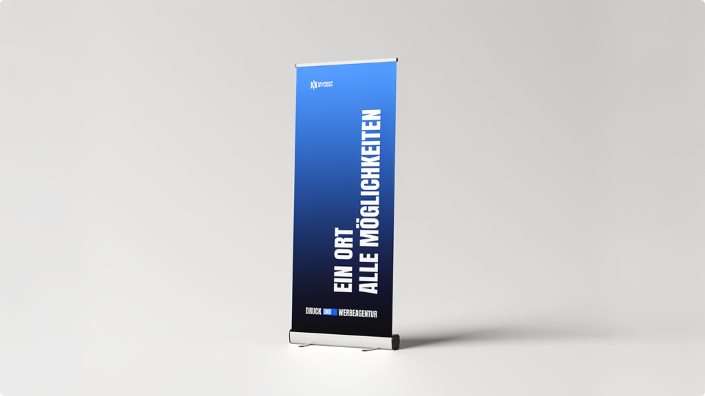 Vertical blue gradient roll-up banner with bold white vertical text 'EIN ORT ALL MÖGLICHKEITEN' and small logos at top and bottom on a neutral backdrop, used for advertising.