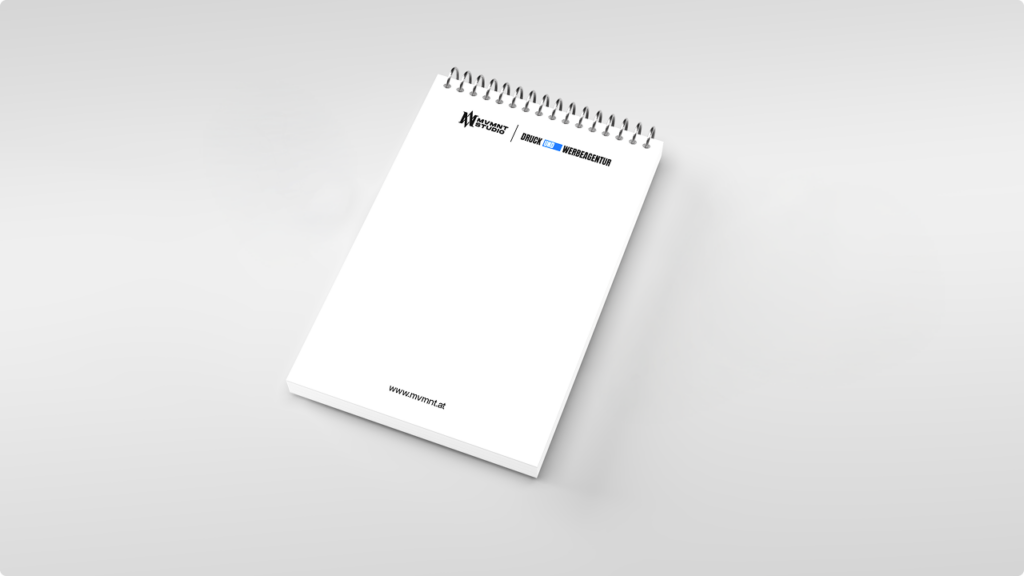 Spiral-bound white notebook tilted on a light gray backdrop with small logos at the top and a tiny URL at the bottom edge of the page (informative product shot).