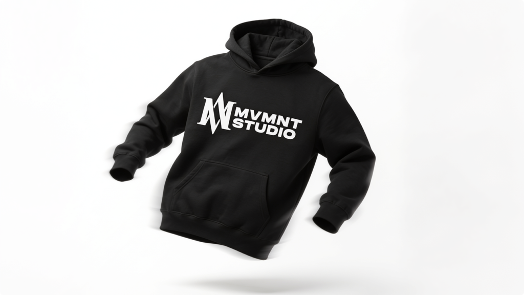 Black hoodie with a white MVMNT STUDIO logo on the chest, front pocket visible, floating against a white background