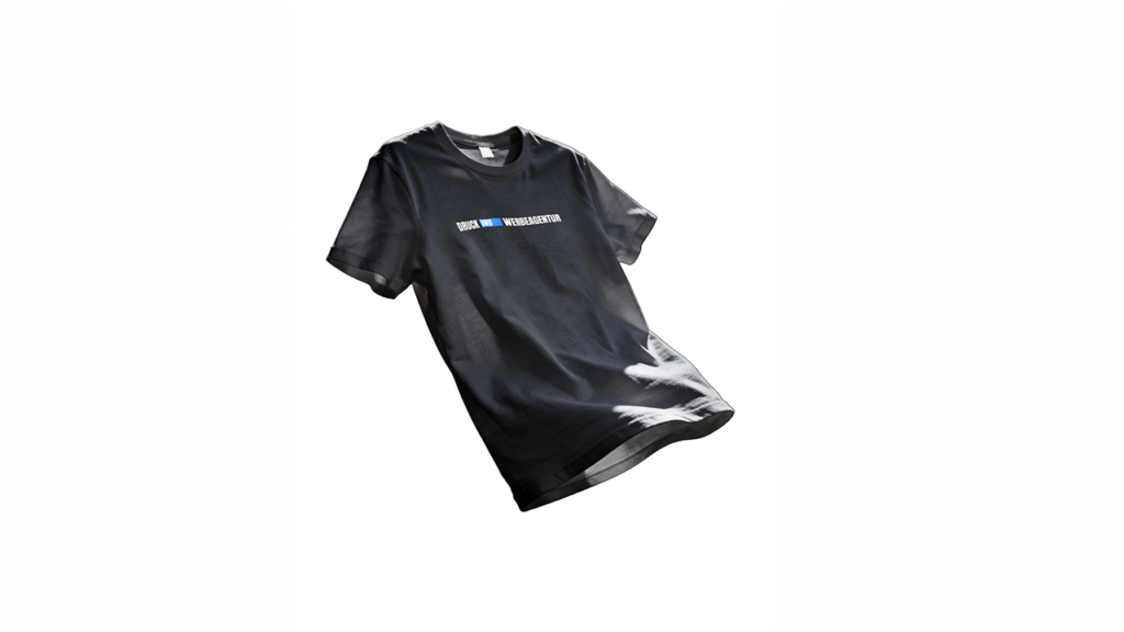 Black T-shirt floating on a white background with a small blue-and-white logo/text on the chest.