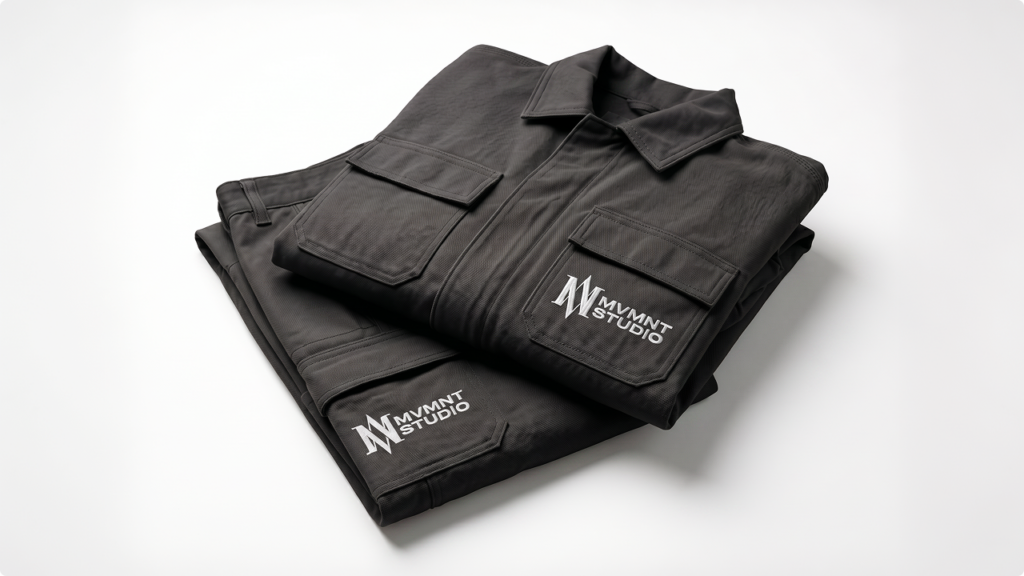 Folded black jumpsuit with front pockets and the white 'MVMNT STUDIO' logo on the chest pocket.