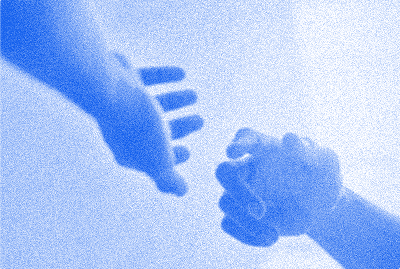 Two hands reaching toward each other, one open and one in a fist, symbolizing connection or support.