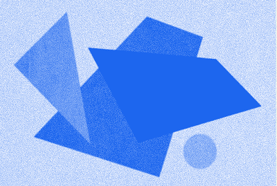 Decorative abstract composition of overlapping blue geometric shapes on a speckled light-blue background.