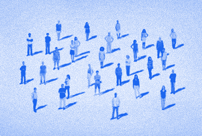 Group of people standing apart from each other on a light blue background (illustration). Bring attention to social distancing concepts.